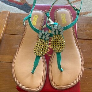 Carlos Santana emerald tropical pineapple jeweled sandals. Flats.  New in box